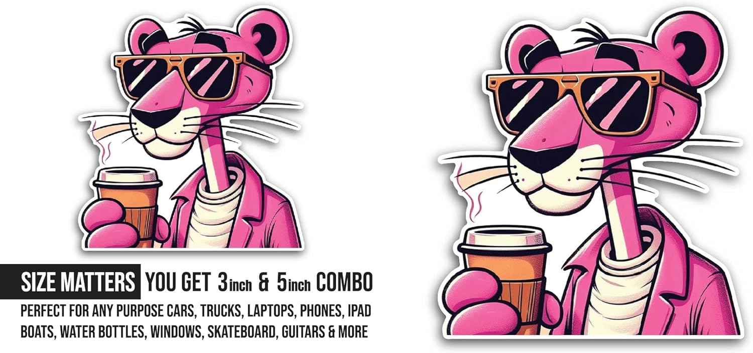 2 (Pieces) 3" and 5" Pink Color Panther with Sunglasses Sticker, Waterproof Vinyl Decals for Many Purpose Like Cars, Trucks, Laptops, Phones, Windows and More