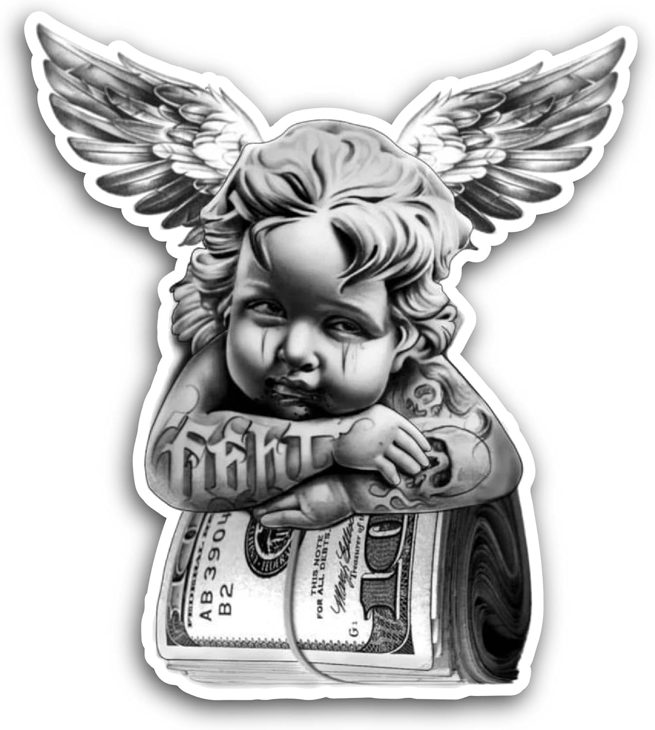 2 (Pieces) 3" and 5" Baby Angel with Money Sticker, Waterproof Vinyl Decals for Many Purpose Like Cars, Trucks, Laptops, Phones, Windows and More