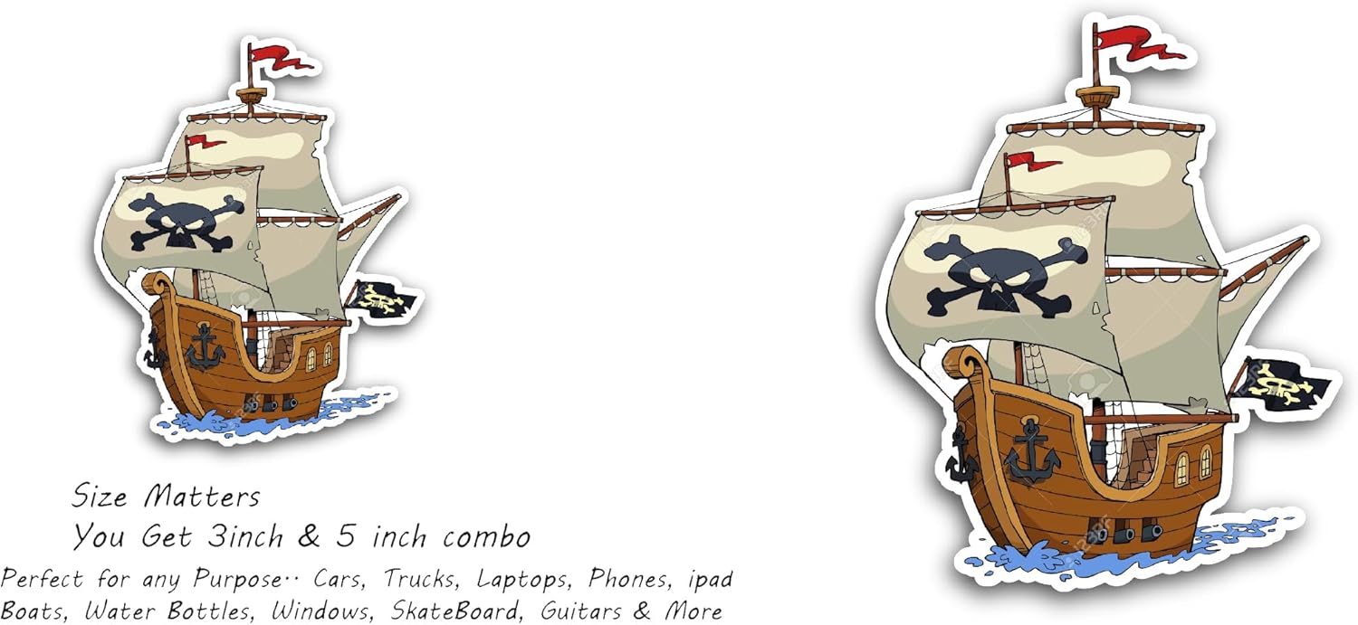 2 (Pieces) 3" and 5" Pirate Ship Vinyl Decal Sticker, Waterproof Vinyl Decals for Many Purpose Like Cars, Trucks, Laptops, Phones, Windows and More