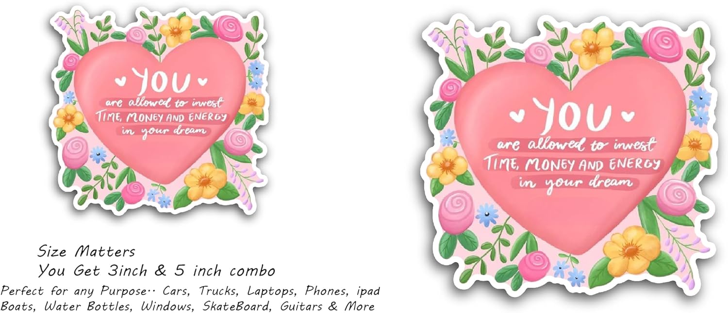 2 (Pieces) 3" and 5" Floral Background Heart Sticker, Waterproof Vinyl Decals for Many Purpose Like Cars, Trucks, Laptops, Phones, Windows and More