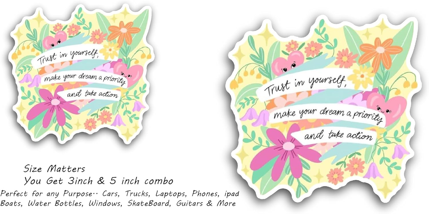 2 (Pieces) 3" and 5" Yellow Floral Background Trust in Yourself Text Sticker, Waterproof Vinyl Decals for Many Purpose Like Cars, Trucks, Laptops, Phones, Windows and More