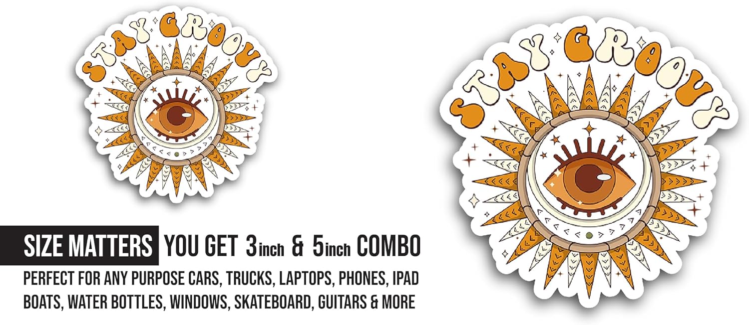 2 (Pieces) 3" and 5" Stay Groovy Text with Eyes Sticker, Waterproof Vinyl Decals for Many Purpose Like Cars, Trucks, Laptops, Phones, Windows and More