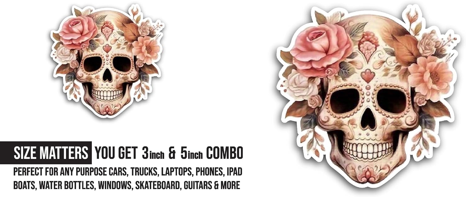 2 (Pieces) 3" and 5" Halloween Floral Skull Sticker, Waterproof Vinyl Decals for Many Purpose Like Cars, Trucks, Laptops, Phones, Windows and More