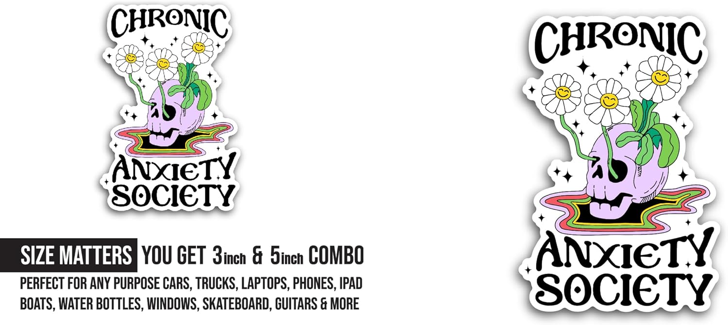 2 (Pieces) 3" and 5" Anxiety Society Sticker, Waterproof Vinyl Decals for Many Purpose Like Cars, Trucks, Laptops, Phones, Windows and More