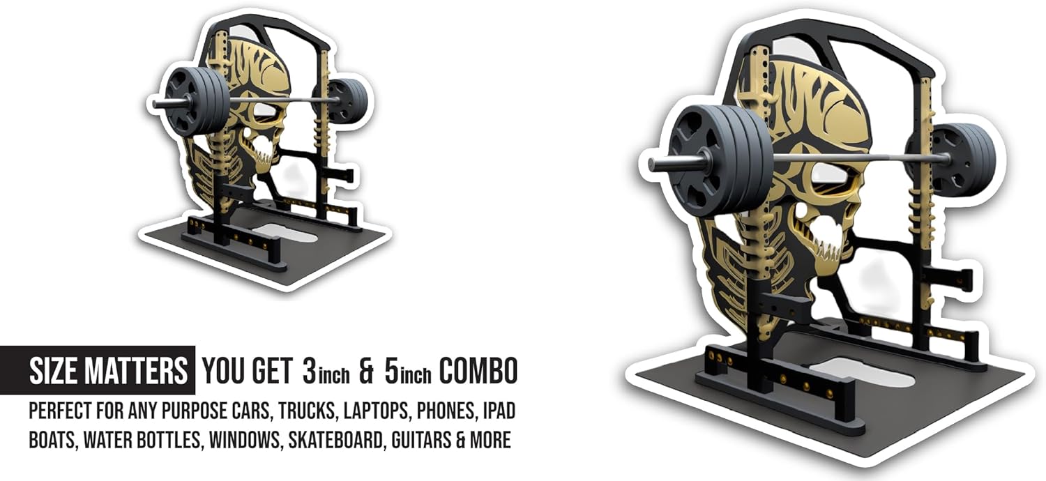 2 (Pieces) 3" and 5" Skull and Squat Rack Sticker, Waterproof Vinyl Decals for Many Purpose Like Cars, Trucks, Laptops, Phones, Windows and More