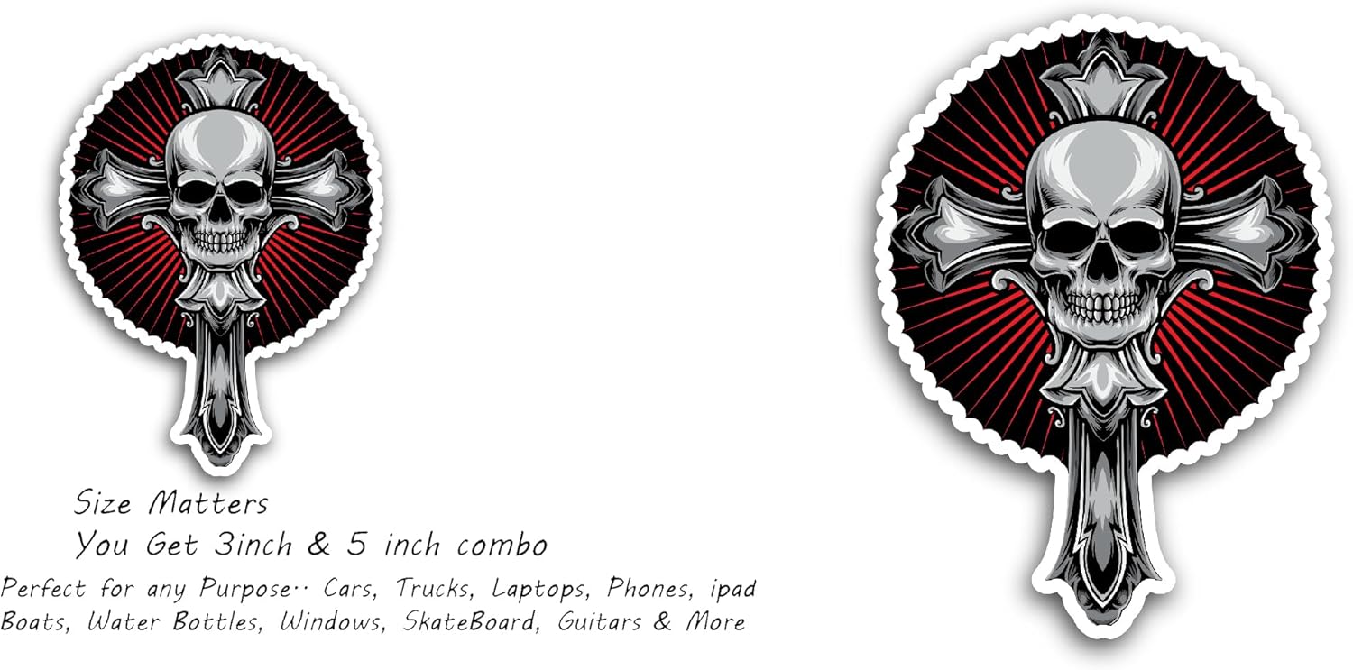 2 (Pieces) 3" and 5" Cross with Skull Sticker, Waterproof Vinyl Decals for Many Purpose Like Cars, Trucks, Laptops, Phones, Windows and More