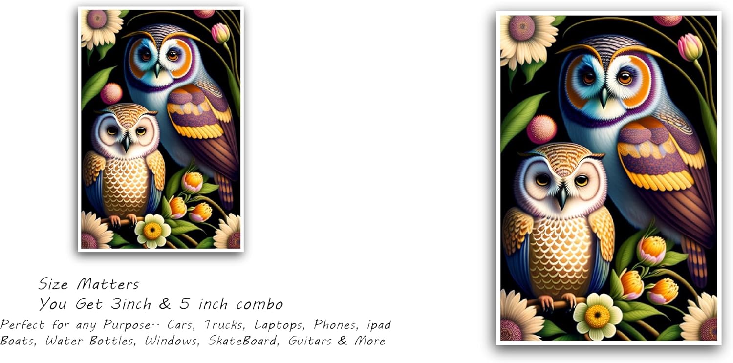 2 (Pieces) 3" and 5" Two Owls with Flowers Sticker, Waterproof Vinyl Decals for Many Purpose Like Cars, Trucks, Laptops, Phones, Windows and More