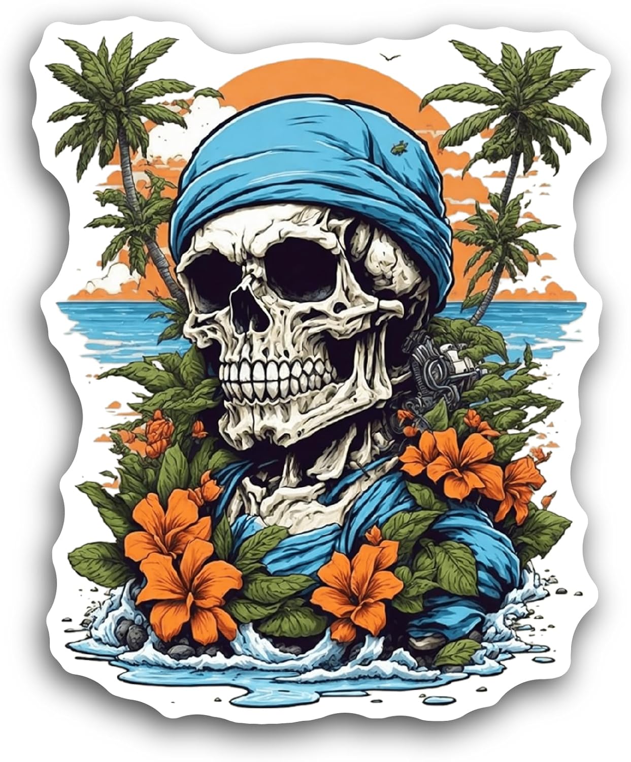 2 (Pieces) 3" and 5" Skull with A Tropical Landscape Sticker, Waterproof Vinyl Decals for Many Purpose Like Cars, Trucks, Laptops, Phones, Windows and More