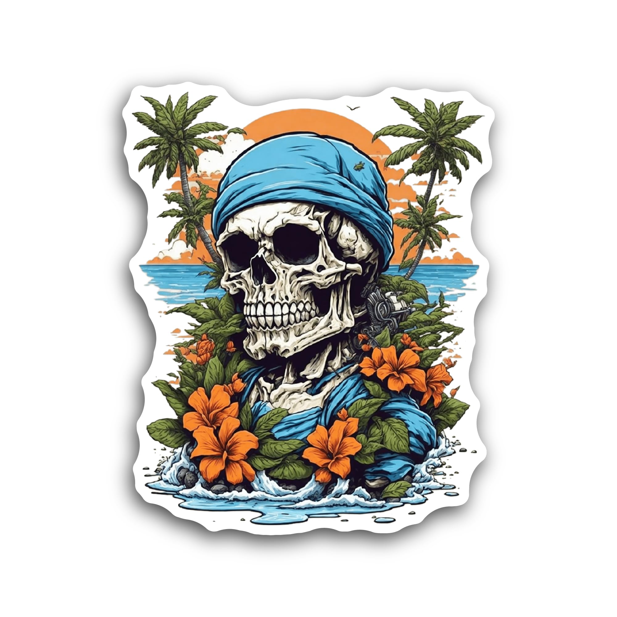 2 (Pieces) 3" and 5" Skull with A Tropical Landscape Sticker, Waterproof Vinyl Decals for Many Purpo