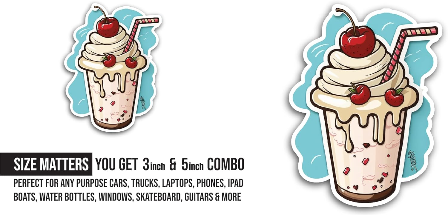 2 (Pieces) 3" and 5" Milkshake Sticker, Waterproof Vinyl Decals for Many Purpose Like Cars, Trucks, Laptops, Phones, Windows and More