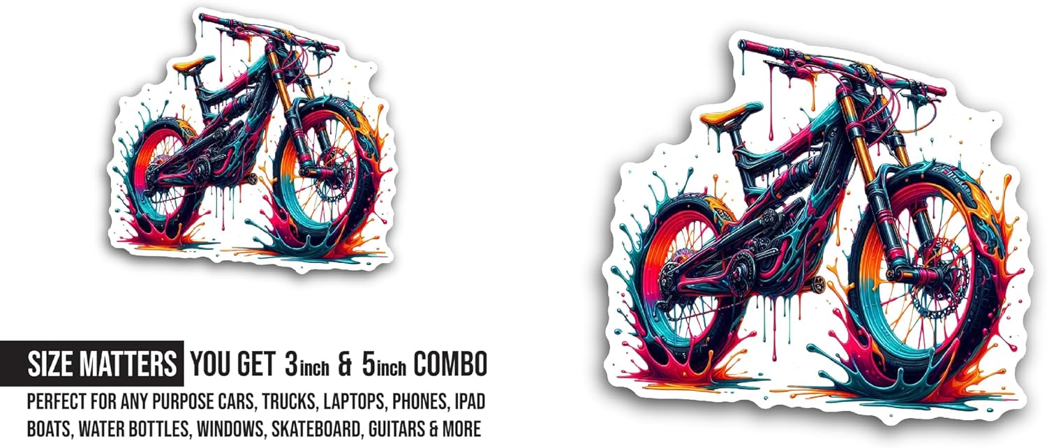 2 (Pieces) 3" and 5" Colorful Bike Sticker, Waterproof Vinyl Decals for Many Purpose Like Cars, Trucks, Laptops, Phones, Windows and More
