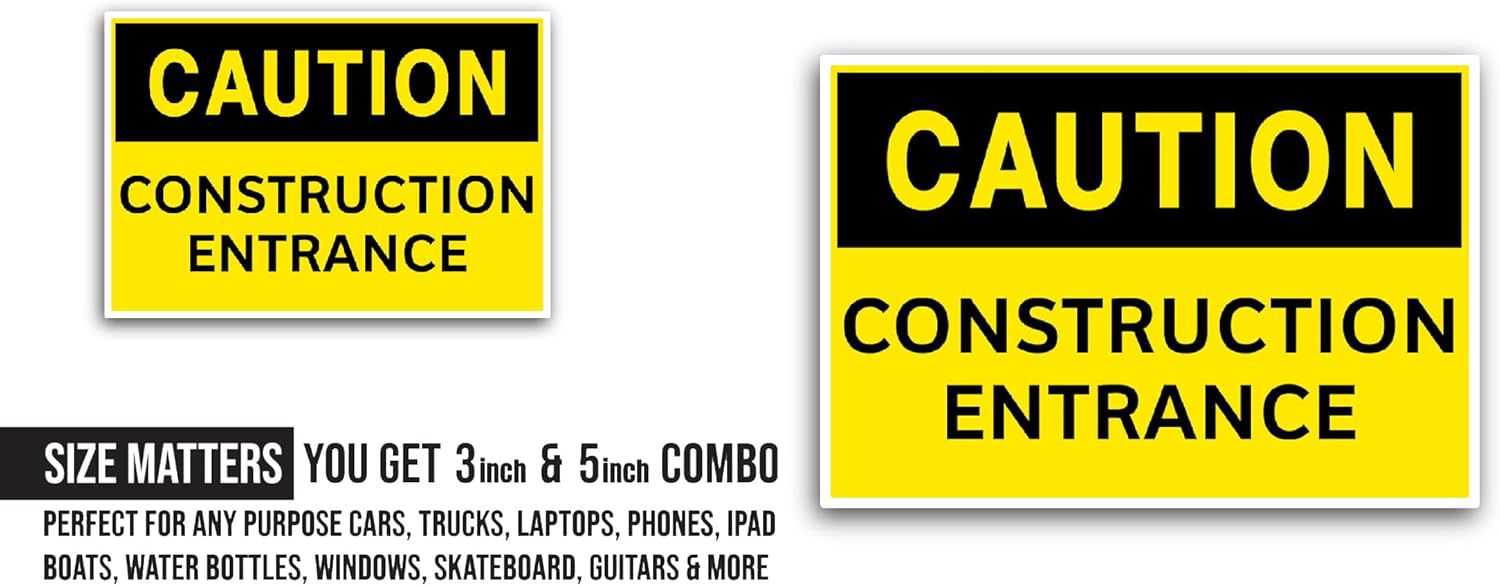 2 (Pieces) 3" and 5" Construction Sticker, Waterproof Vinyl Decals for Many Purpose Like Cars, Trucks, Laptops, Phones, Windows and More