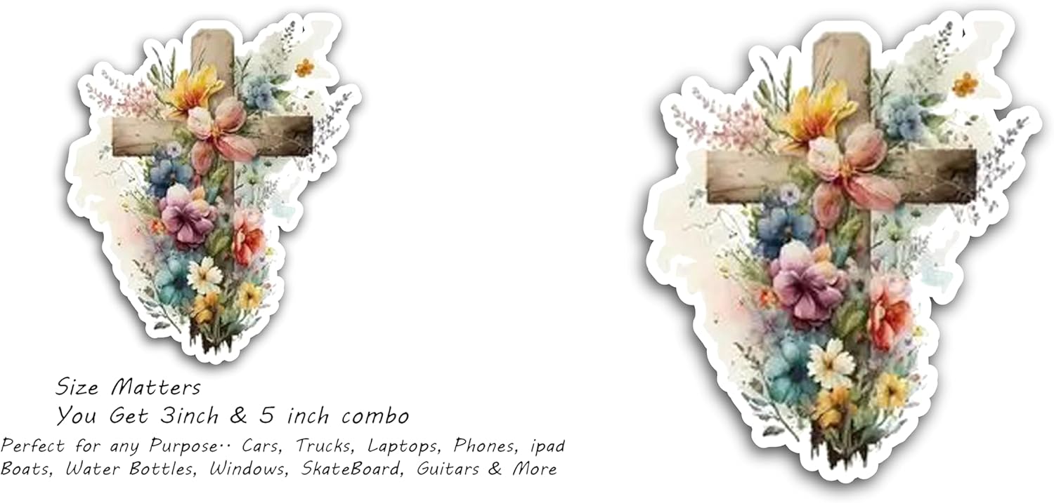 2 (Pieces) 3" and 5" Cross with Flowers Around Decal Sticker, Waterproof Vinyl Decals for Many Purpose Like Cars, Trucks, Laptops, Phones, Windows and More