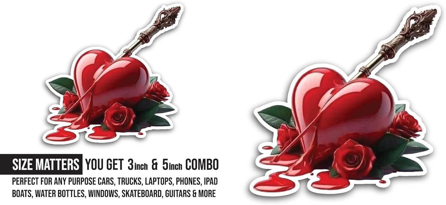 2 (Pieces) 3" and 5" Heart with Roses Sticker, Waterproof Vinyl Decals for Many Purpose Like Cars, Trucks, Laptops, Phones, Windows and More