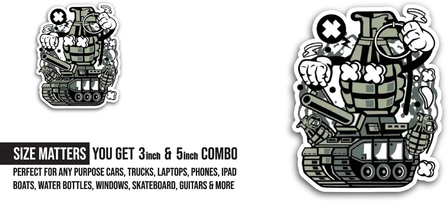 2 (Pieces) 3" and 5" Grenade War Tank Sticker, Waterproof Vinyl Decals for Many Purpose Like Cars, Trucks, Laptops, Phones, Windows and More