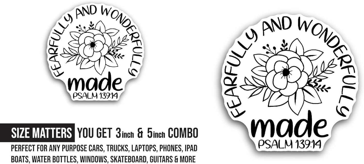 2 (Pieces) 3" and 5" Fearfully and Wonderfully Made Text Sticker, Waterproof Vinyl Decals for Many Purpose Like Cars, Trucks, Laptops, Phones, Windows and More