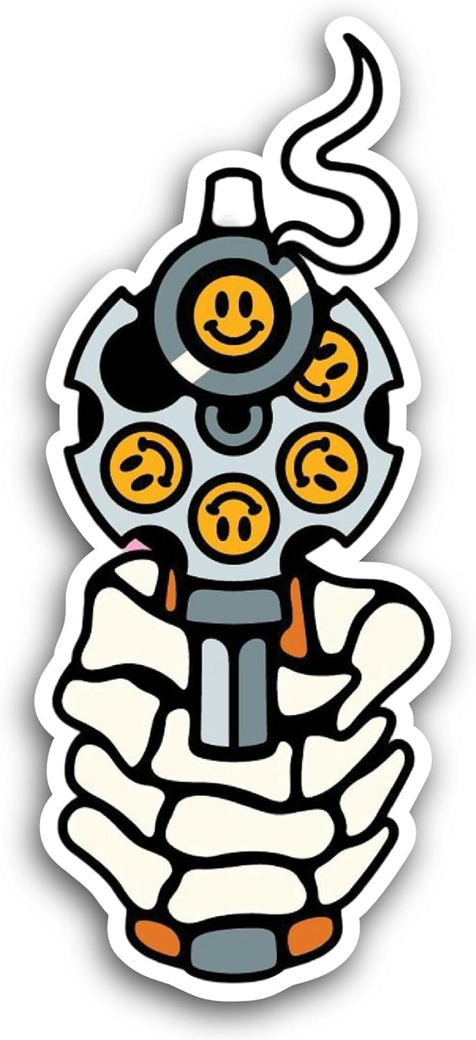 2 (Pieces) 3" and 5" Skull Hand Holding Gun Sticker, Waterproof Vinyl Decals for Many Purpose Like Cars, Trucks, Laptops, Phones, Windows and More