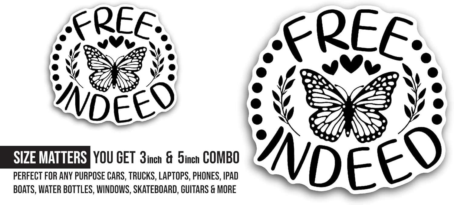 2 (Pieces) 3" and 5" Free Indeed Text with Butterfly Sticker, Waterproof Vinyl Decals for Many Purpose Like Cars, Trucks, Laptops, Phones, Windows and More