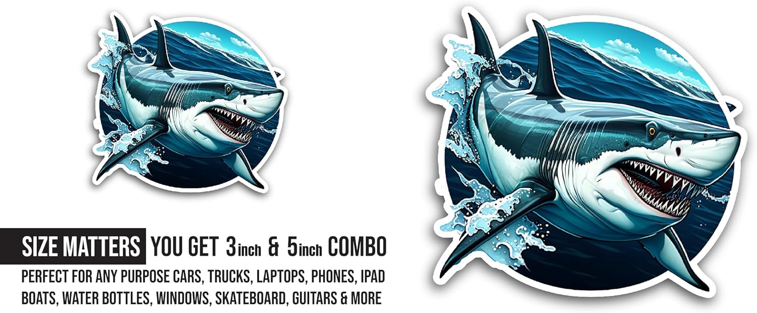 2 (Pieces) 3" and 5" Shark in The Sea Sticker, Waterproof Vinyl Decals for Many Purpose Like Cars, Trucks, Laptops, Phones, Windows and More