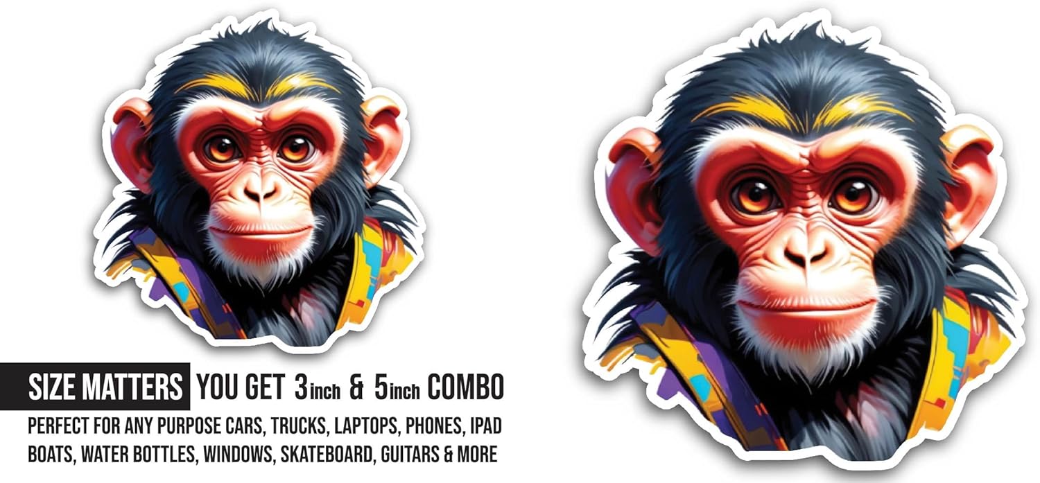 2 (Pieces) 3" and 5" Chimpanzee Sticker, Waterproof Vinyl Decals for Many Purpose Like Cars, Trucks, Laptops, Phones, Windows and More