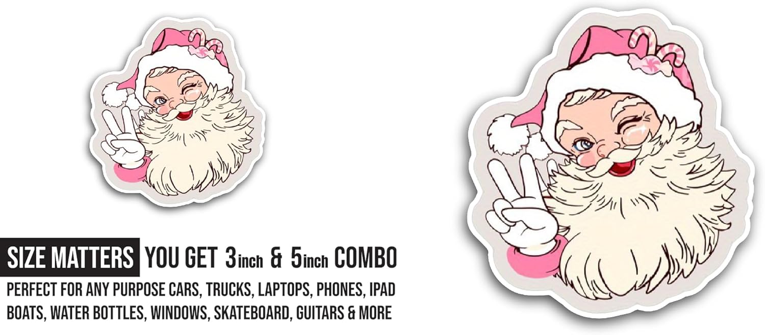 2 (Pieces) 3" and 5" Pink Retro Santa Sticker, Waterproof Vinyl Decals for Many Purpose Like Cars, Trucks, Laptops, Phones, Windows and More