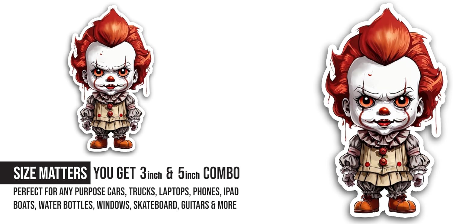 2 (Pieces) 3" and 5" Clown with Red Hair Sticker, Waterproof Vinyl Decals for Many Purpose Like Cars, Trucks, Laptops, Phones, Windows and More