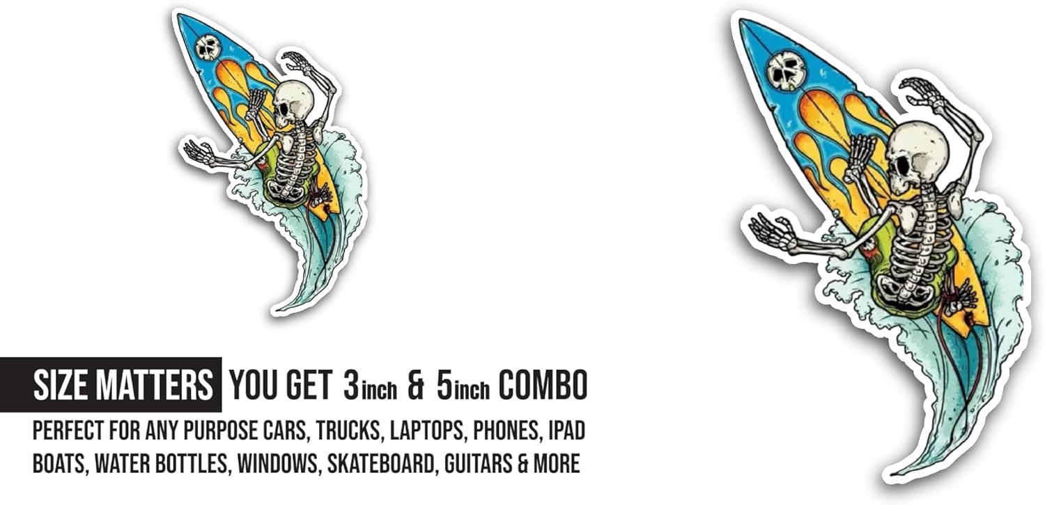 2 (Pieces) 3" and 5" Surfing Skeleton Sticker, Waterproof Vinyl Decals for Many Purpose Like Cars, Trucks, Laptops, Phones, Windows and More