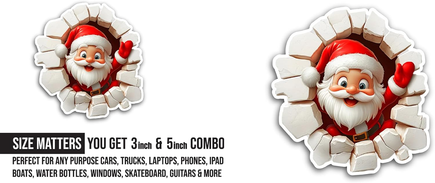 2 (Pieces) 3" and 5" Santa Breaking Through A Hole Sticker, Waterproof Vinyl Decals for Many Purpose Like Cars, Trucks, Laptops, Phones, Windows and More