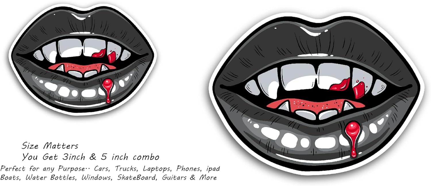 2 (Pieces) 3" and 5" Vampire Lips Sticker, Waterproof Vinyl Decals for Many Purpose Like Cars, Trucks, Laptops, Phones, Windows and More