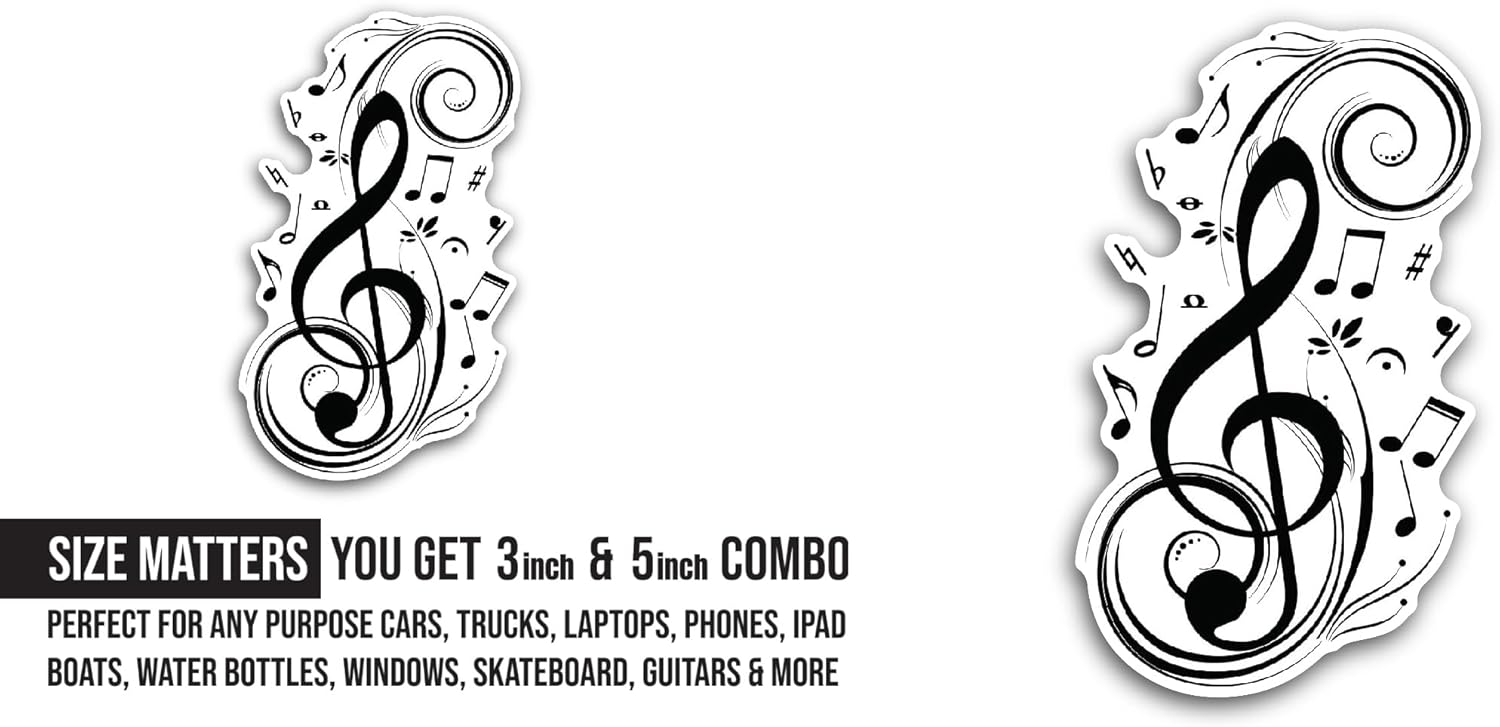 2 (Pieces) 3" and 5" Treble Clef Musical Note Sticker, Waterproof Vinyl Decals for Many Purpose Like Cars, Trucks, Laptops, Phones, Windows and More
