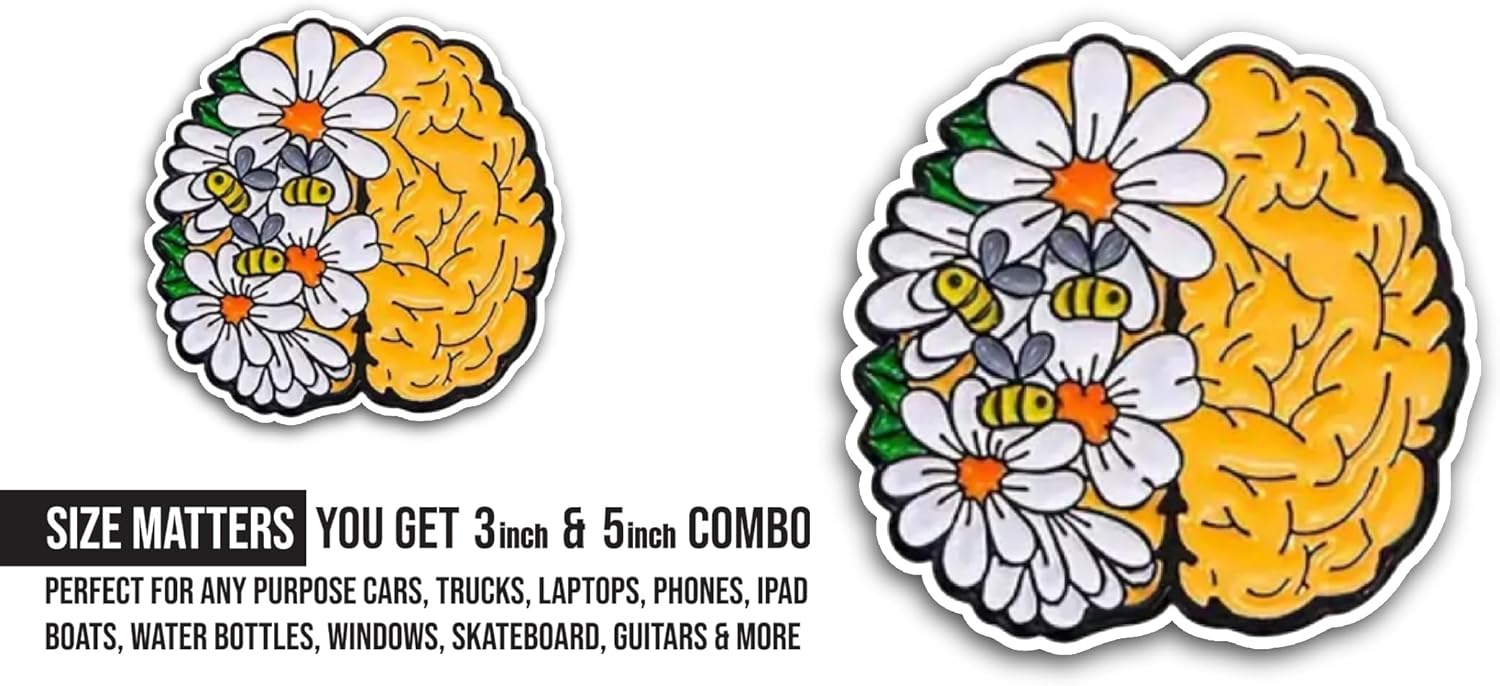 2 (Pieces) 3" and 5" Floral Brain Sticker, Waterproof Vinyl Decals for Many Purpose Like Cars, Trucks, Laptops, Phones, Windows and More