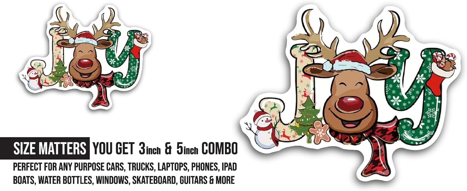 2 (Pieces) 3" and 5" Merry Christmas Holiday Reindeer Sticker, Waterproof Vinyl Decals for Many Purpose Like Cars, Trucks, Laptops, Phones, Windows and More