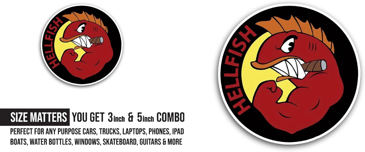 2 (Pieces) 3" and 5" Hellfish Sticker, Waterproof Vinyl Decals for Many Purpose Like Cars, Trucks, Laptops, Phones, Windows and More