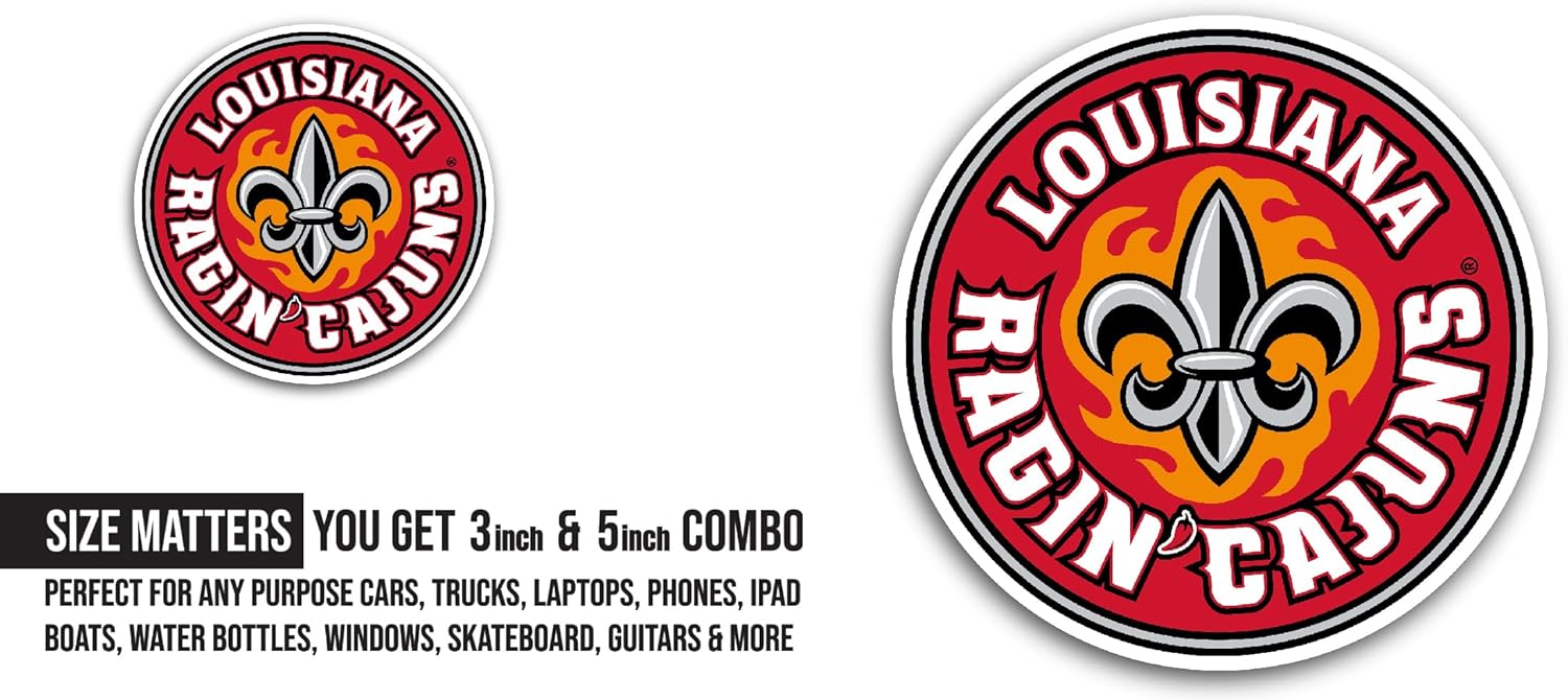 2 (Pieces) 3" and 5" L0uisiana Ragin Cajuns Sticker, Waterproof Vinyl Decals for Many Purpose Like Cars, Trucks, Laptops, Phones, Windows and More