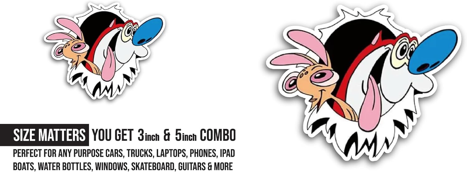 2 (Pieces) 3" and 5" Ren and Simpy Sticker, Waterproof Vinyl Decals for Many Purpose Like Cars, Trucks, Laptops, Phones, Windows and More