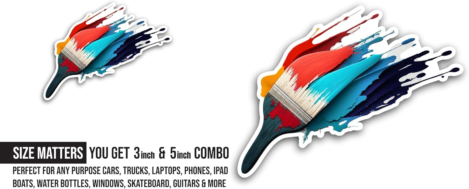 2 (Pieces) 3" and 5" Colorful Paintbrush Sticker, Waterproof Vinyl Decals for Many Purpose Like Cars, Trucks, Laptops, Phones, Windows and More
