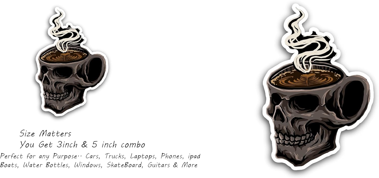 2 (Pieces) 3" and 5" Skull Coffee Late Sticker, Waterproof Vinyl Decals for Many Purpose Like Cars, Trucks, Laptops, Phones, Windows and More