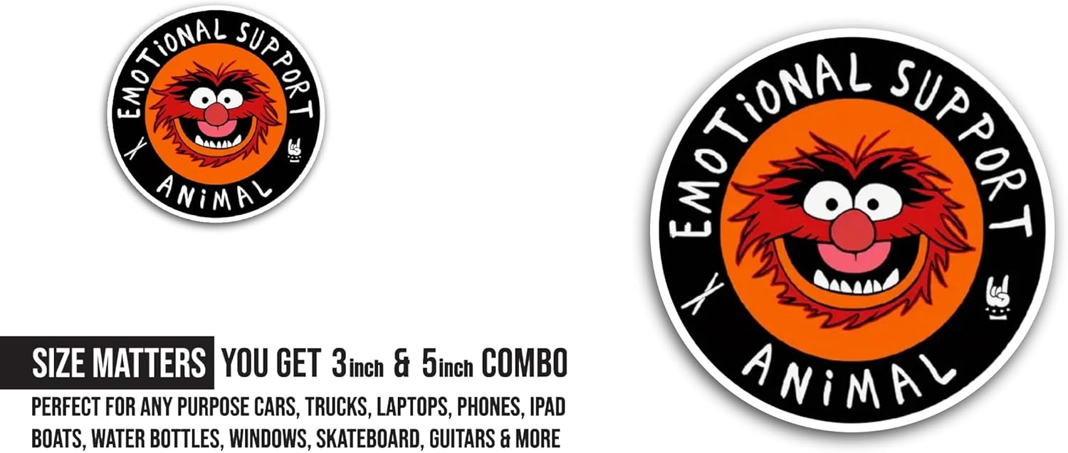 2 (Pieces) 3" and 5" Emotional Support Animal Muppet Sticker, Waterproof Vinyl Decals for Many Purpose Like Cars, Trucks, Laptops, Phones, Windows and More