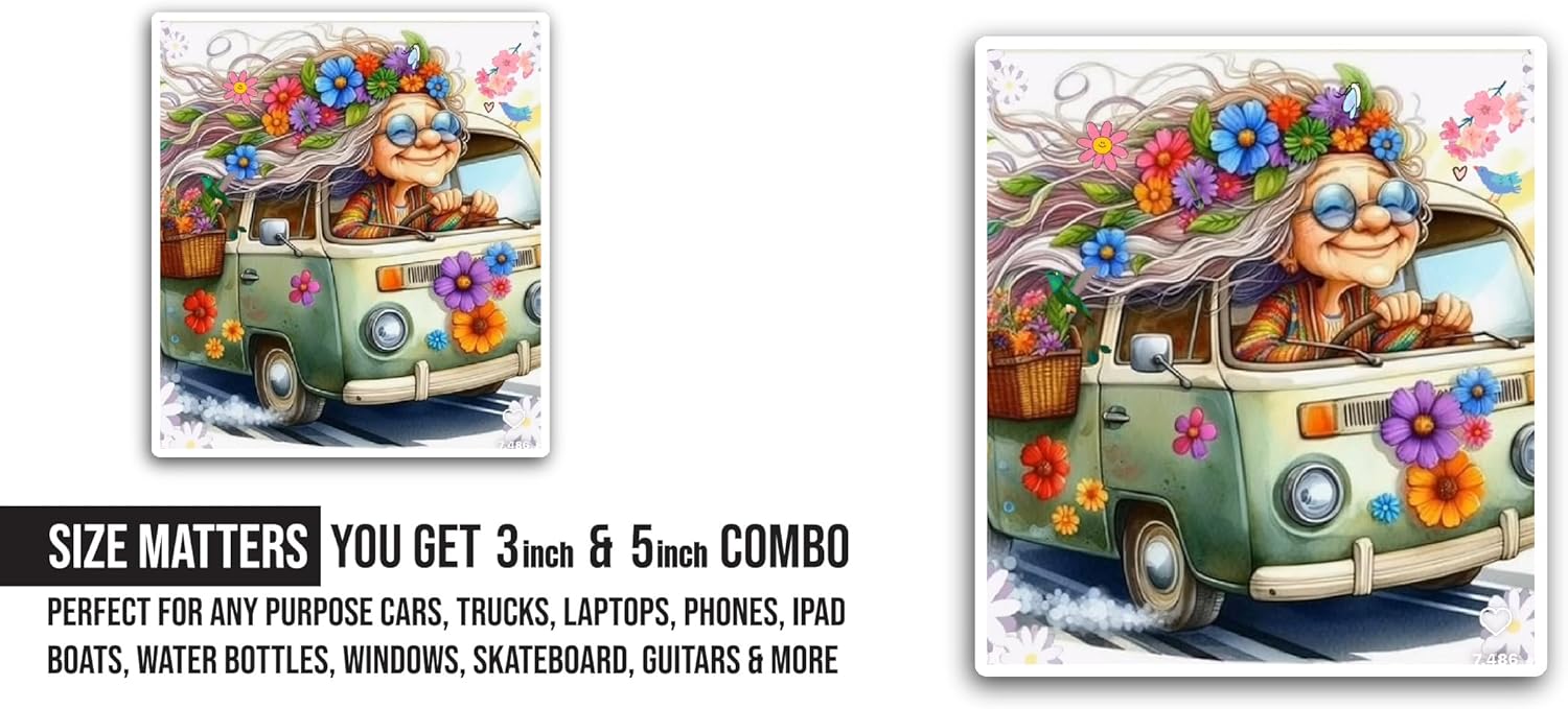 2 (Pieces) 3" and 5" Old Bus with Flowers Sticker, Waterproof Vinyl Decals for Many Purpose Like Cars, Trucks, Laptops, Phones, Windows and More