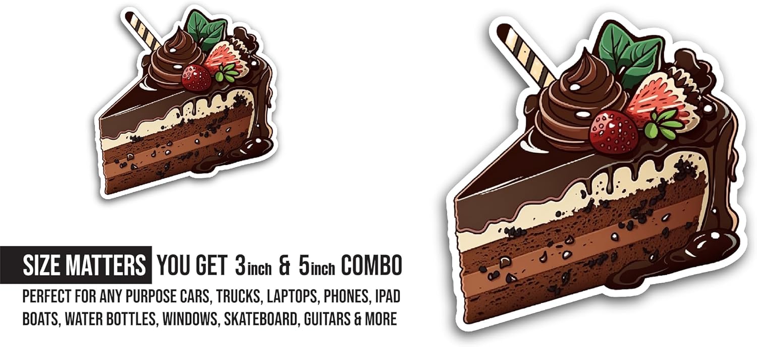 2 (Pieces) 3" and 5" Chocolate Cake Piece Sticker, Waterproof Vinyl Decals for Many Purpose Like Cars, Trucks, Laptops, Phones, Windows and More