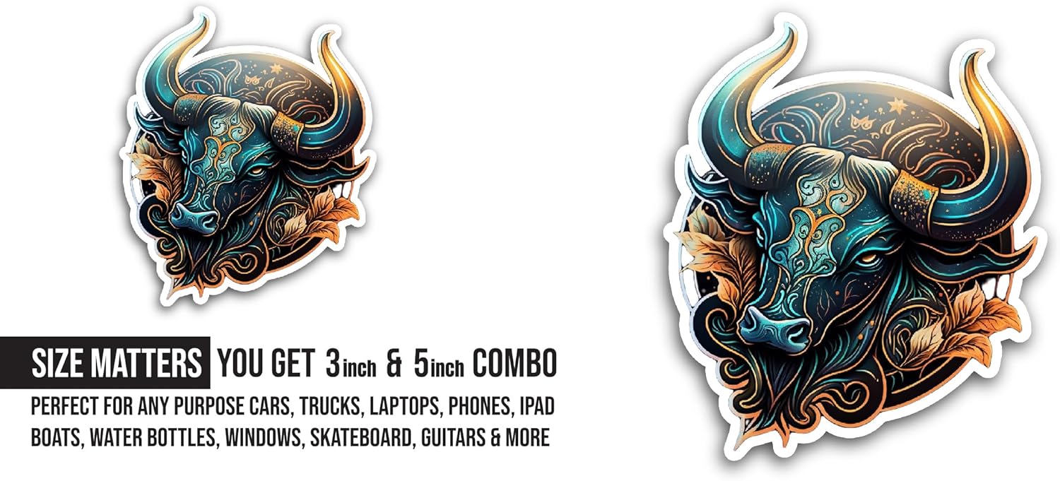 2 (Pieces) 3" and 5" Bull Head Sticker, Waterproof Vinyl Decals for Many Purpose Like Cars, Trucks, Laptops, Phones, Windows and More
