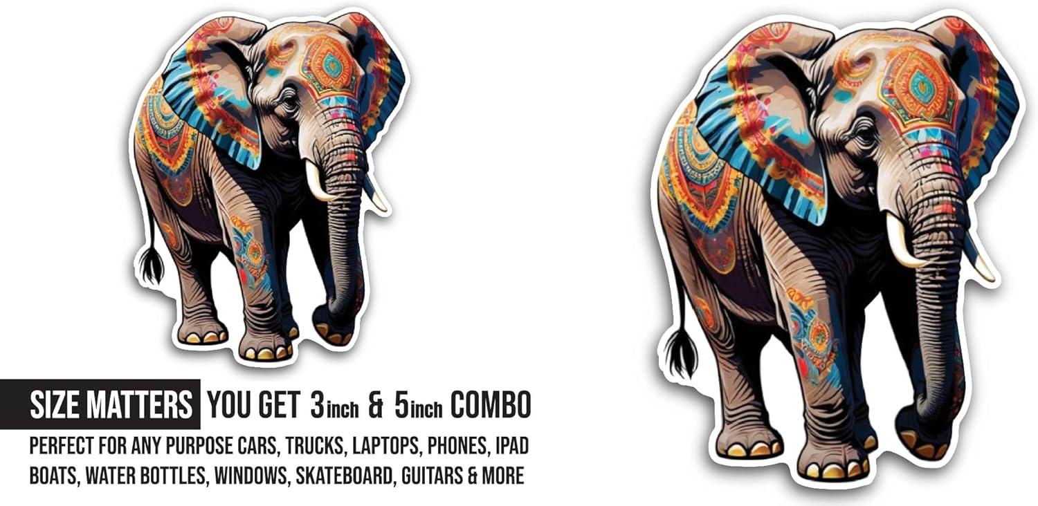 2 (Pieces) 3" and 5" Bright Colorful Elephant Sticker, Waterproof Vinyl Decals for Many Purpose Like Cars, Trucks, Laptops, Phones, Windows and More