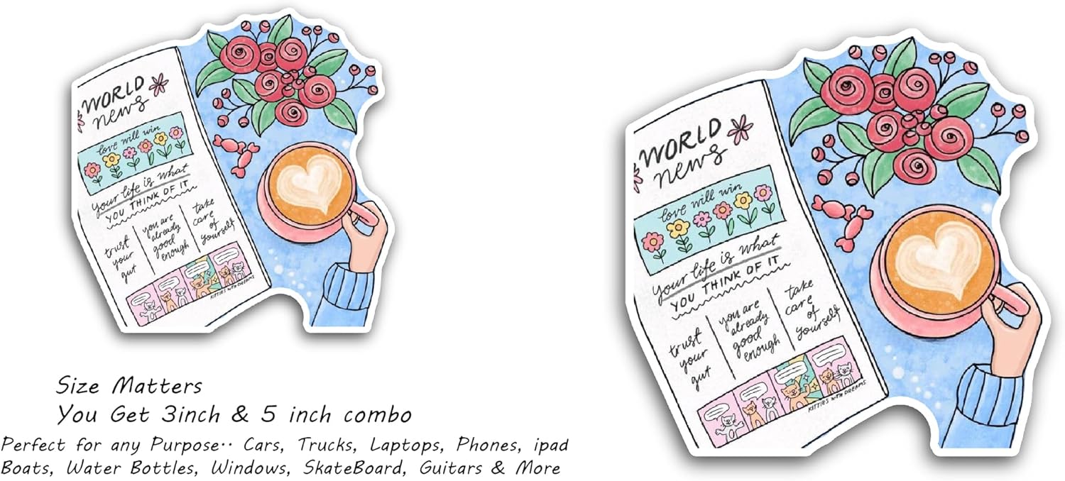 2 (Pieces) 3" and 5" News Paper with Tea Cup Sticker, Waterproof Vinyl Decals for Many Purpose Like Cars, Trucks, Laptops, Phones, Windows and More