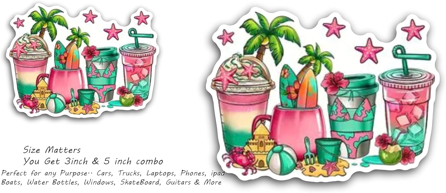 2 (Pieces) 3" and 5" The Beach Coconut Trees Sand, Crabs, Ball and Sippers Decal Sticker, Waterproof Vinyl Decals for Many Purpose Like Cars, Trucks, Laptops, Phones, Windows and More