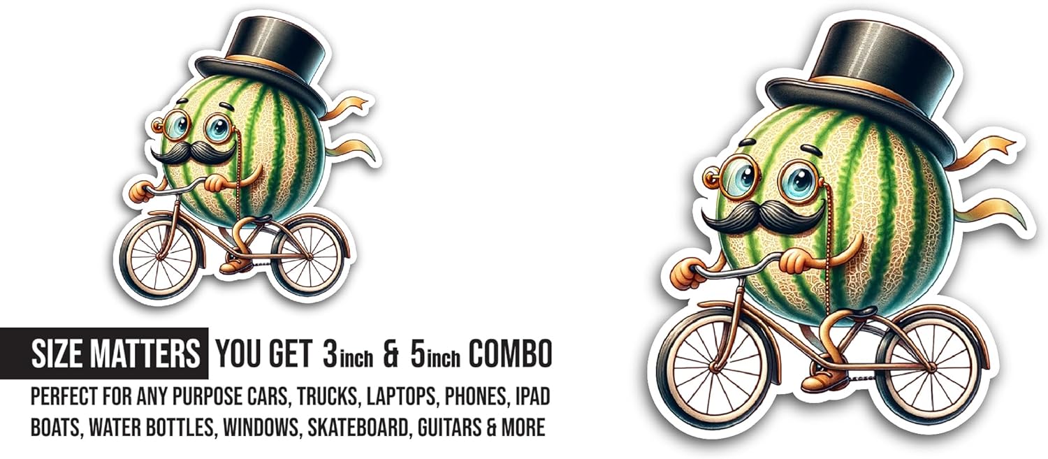 2 (Pieces) 3" and 5" Watermelon Riding Bicycle Sticker, Waterproof Vinyl Decals for Many Purpose Like Cars, Trucks, Laptops, Phones, Windows and More