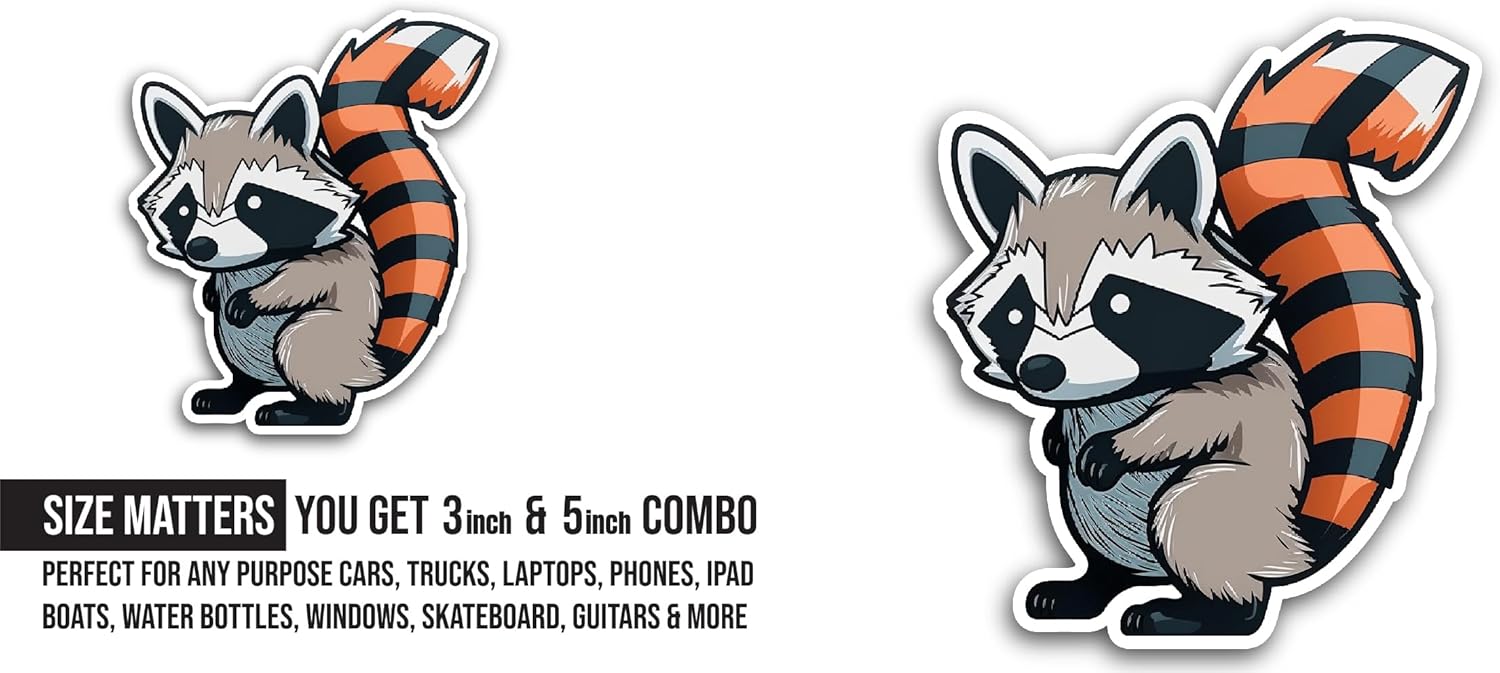 2 (Pieces) 3" and 5" Raccoon Sticker, Waterproof Vinyl Decals for Many Purpose Like Cars, Trucks, Laptops, Phones, Windows and More