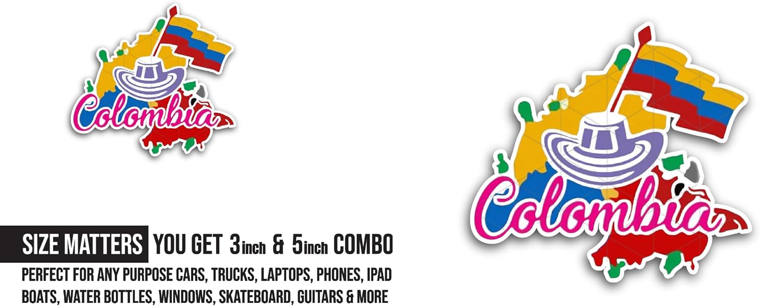 2 (Pieces) 3" and 5" Colombia Sticker, Waterproof Vinyl Decals for Many Purpose Like Cars, Trucks, Laptops, Phones, Windows and More