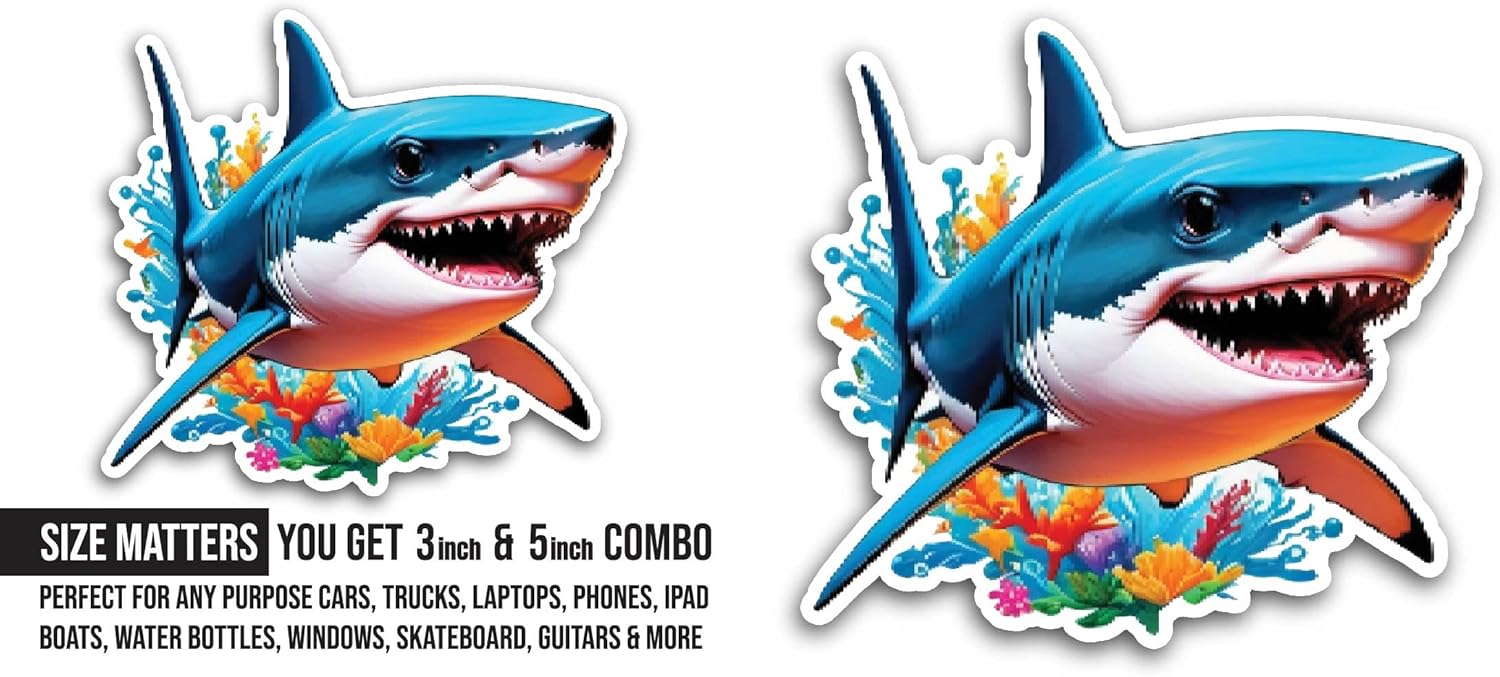 2 (Pieces) 3" and 5" Blue Shark Sticker, Waterproof Vinyl Decals for Many Purpose Like Cars, Trucks, Laptops, Phones, Windows and More
