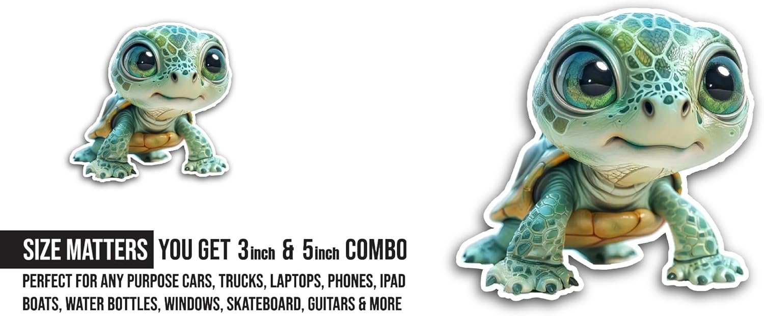 2 (Pieces) 3" and 5" Sea Turtle Sticker, Waterproof Vinyl Decals for Many Purpose Like Cars, Trucks, Laptops, Phones, Windows and More