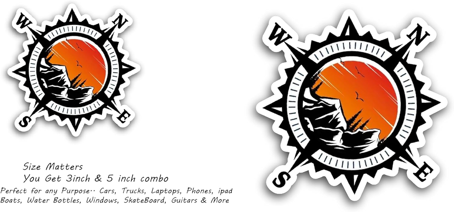 2 (Pieces) 3" and 5" Mountain Sunset and Compass Sticker, Waterproof Vinyl Decals for Many Purpose Like Cars, Trucks, Laptops, Phones, Windows and More